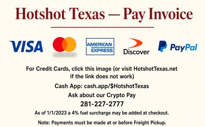 Hotshot Texas pay invoice — Visa Mastercard Amex Discover PayPal Cash App